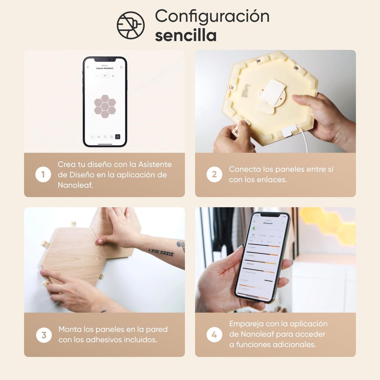 Kit de Luces Modulares Nanoleaf Elements - 7 Paneles Hexágono, Madera, WiFi