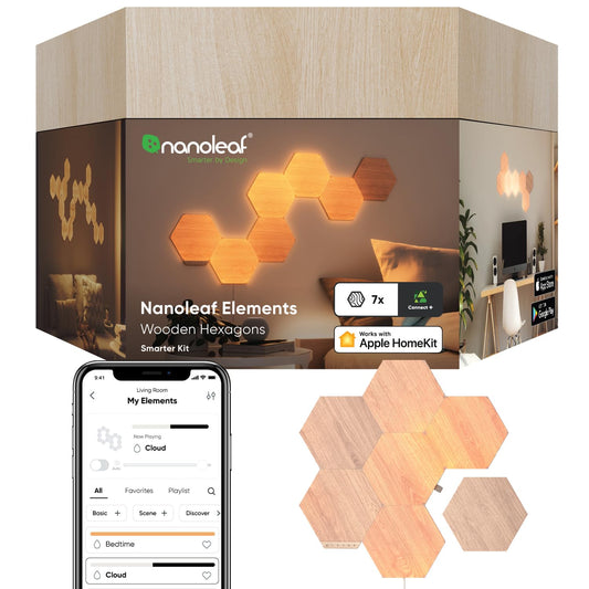 Kit de Luces Modulares Nanoleaf Elements - 7 Paneles Hexágono, Madera, WiFi