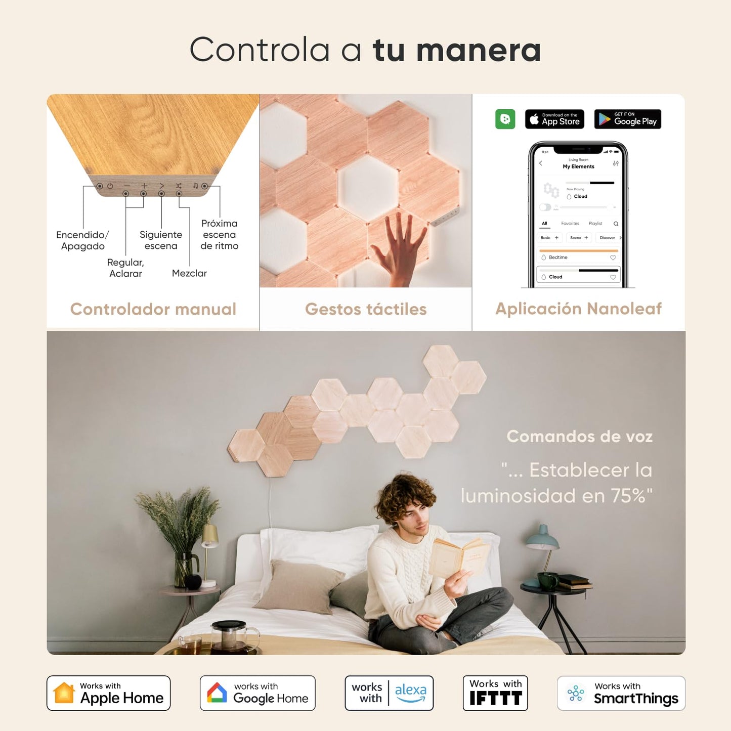 Kit de Luces Modulares Nanoleaf Elements - 7 Paneles Hexágono, Madera, WiFi